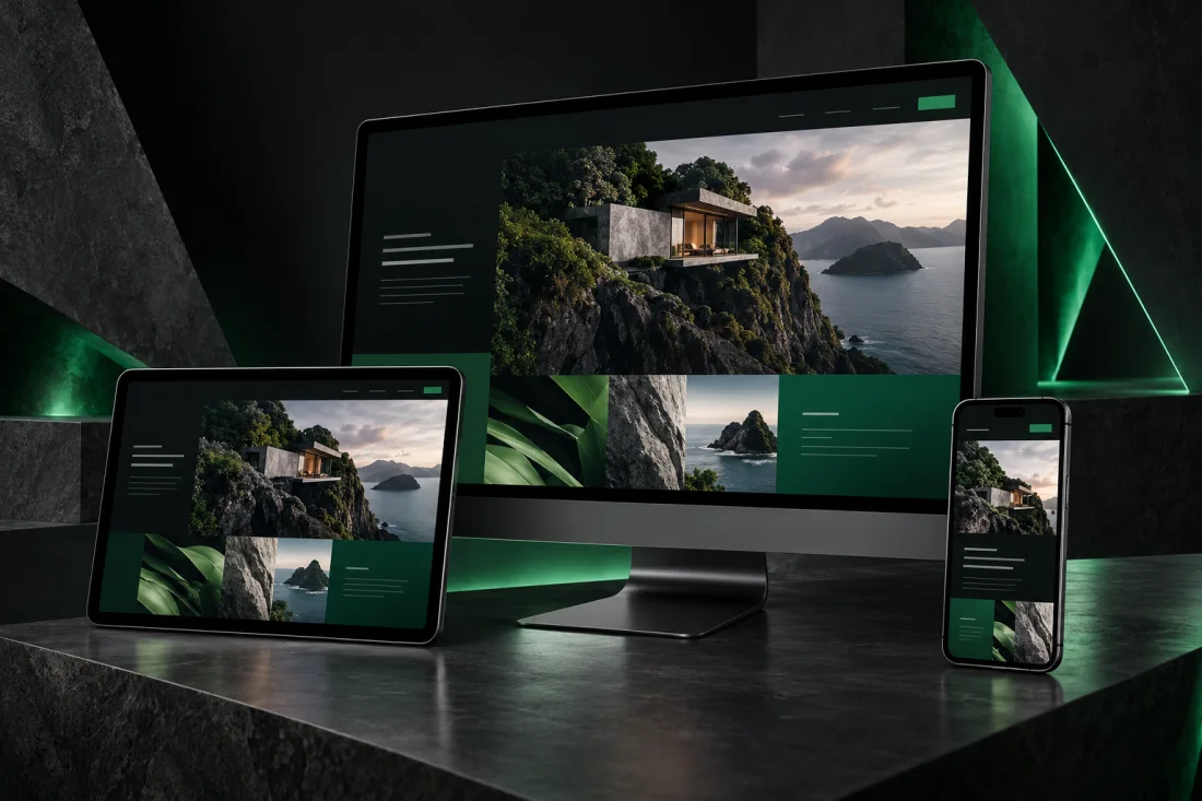 Responsive website design shown on desktop, tablet and mobile devices