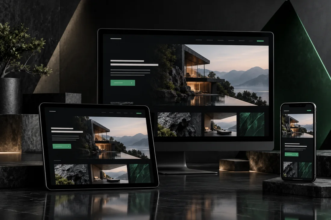The same website design presented across desktop, tablet and mobile screen sizes
