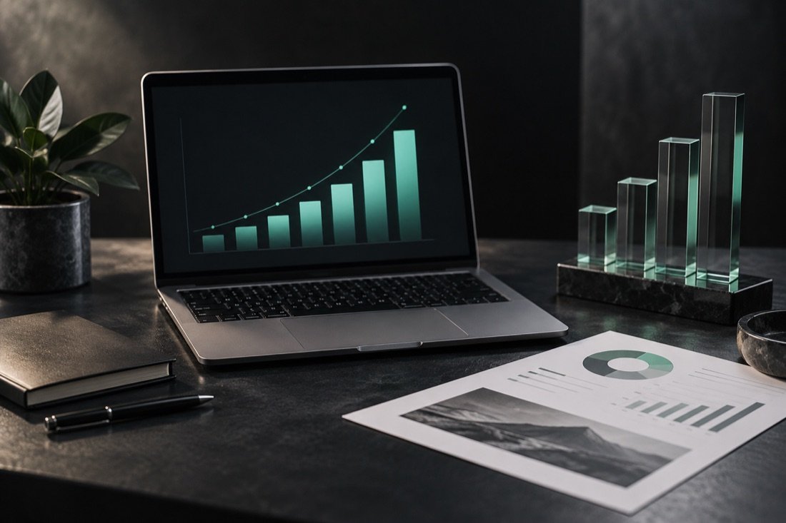 Campaign analytics on a laptop beside a glass growth chart