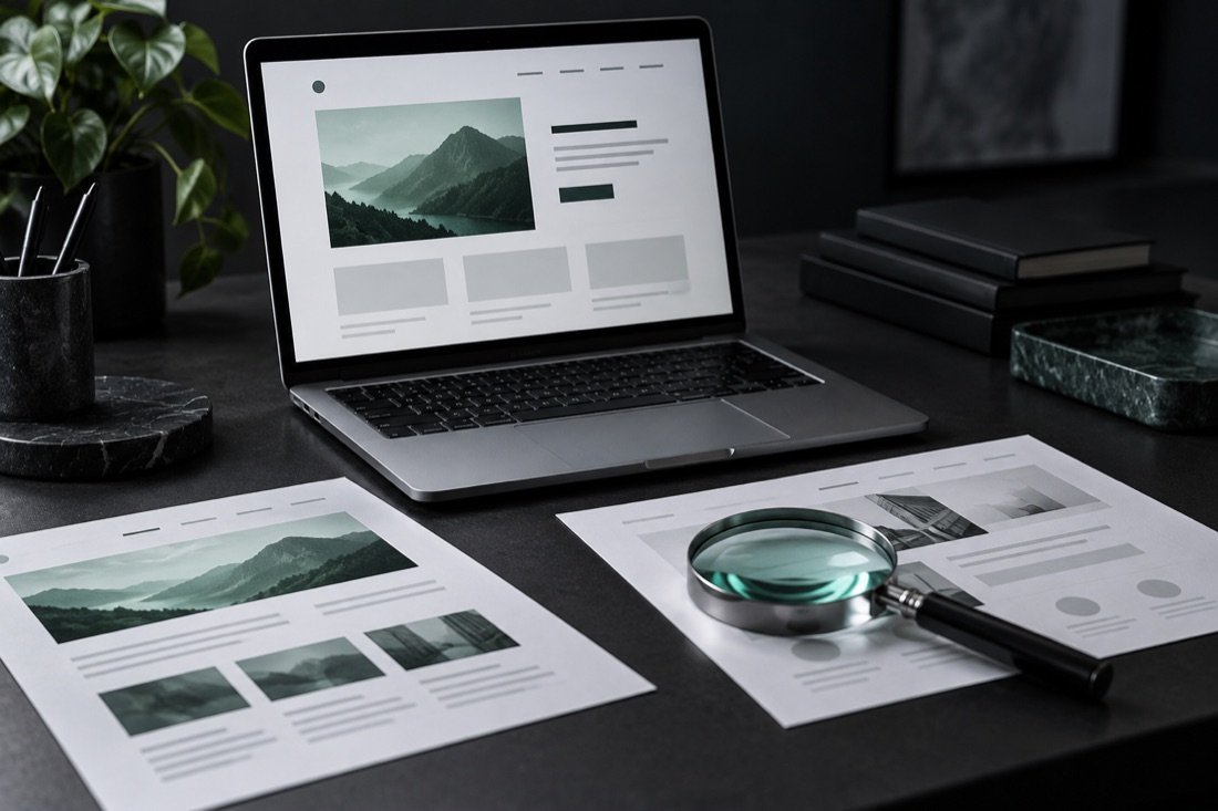 Website design on a laptop with printed layouts and a magnifying glass