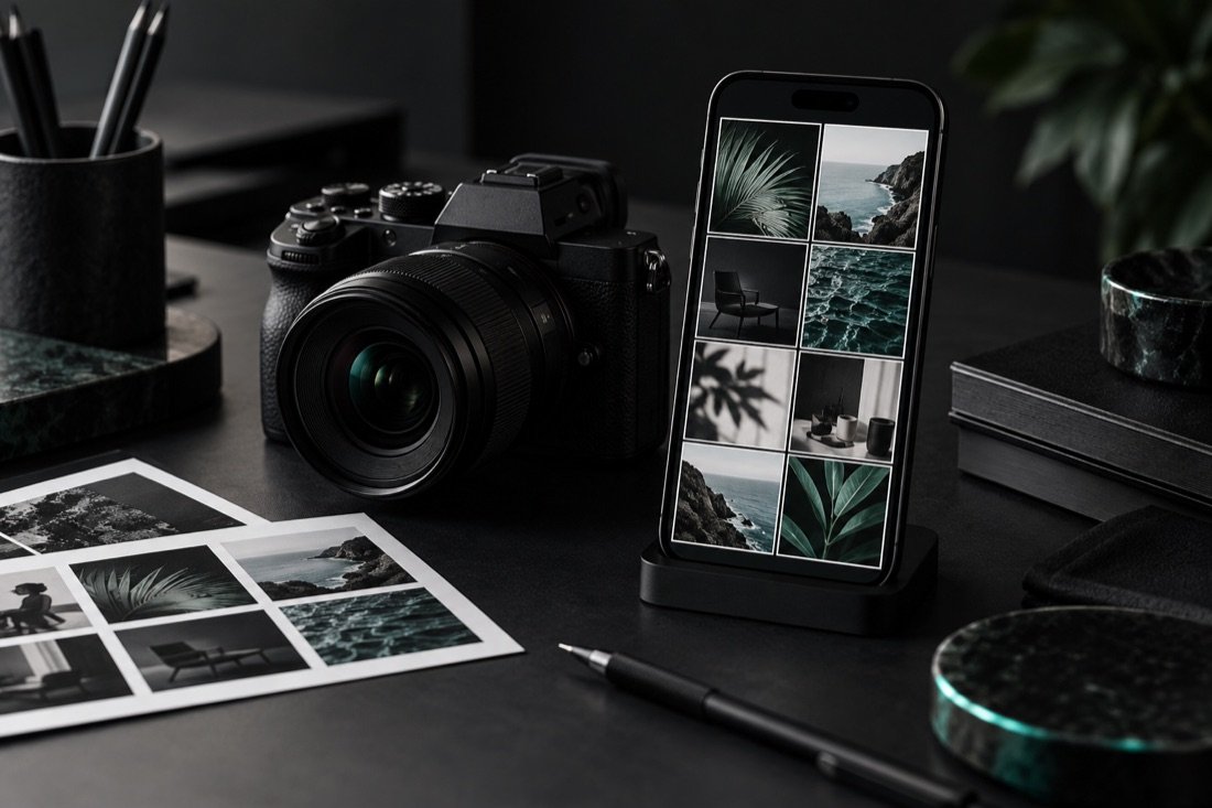 Camera and phone with a curated visual content grid